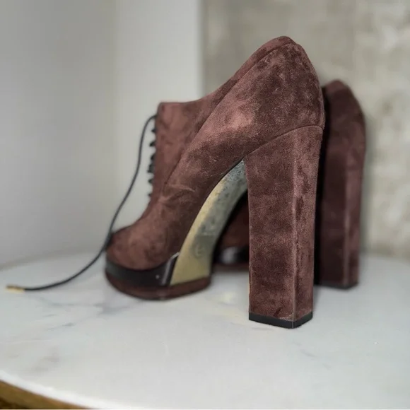 Chanel Brown Suede Leather Platform Lace Up Block Heeled Oxford Boot - Picture 9 of 17